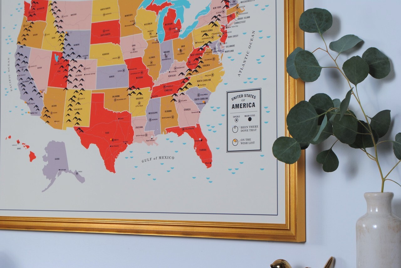 Custom framed travel tracker map with pushpins