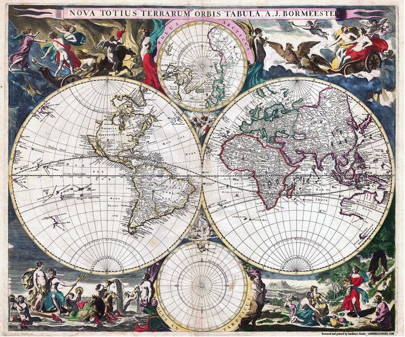 1600'S MAP OF THE WORLD - custom framed artwork